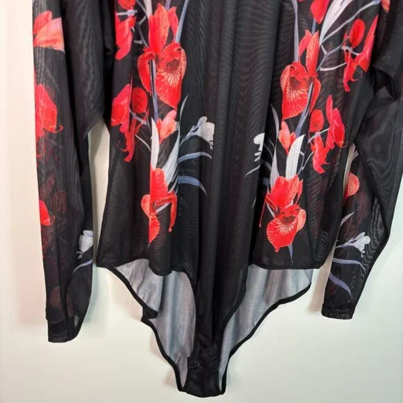 City Chic Bodysuit XXL Women's 24 Black Red Floral Sheer Mesh Mock Neck Stretch - Picture 3 of 8
